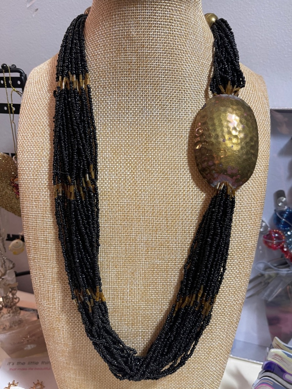 Black Multi-strand Seed Bead and Brass Pendant vintage Necklace - 28”